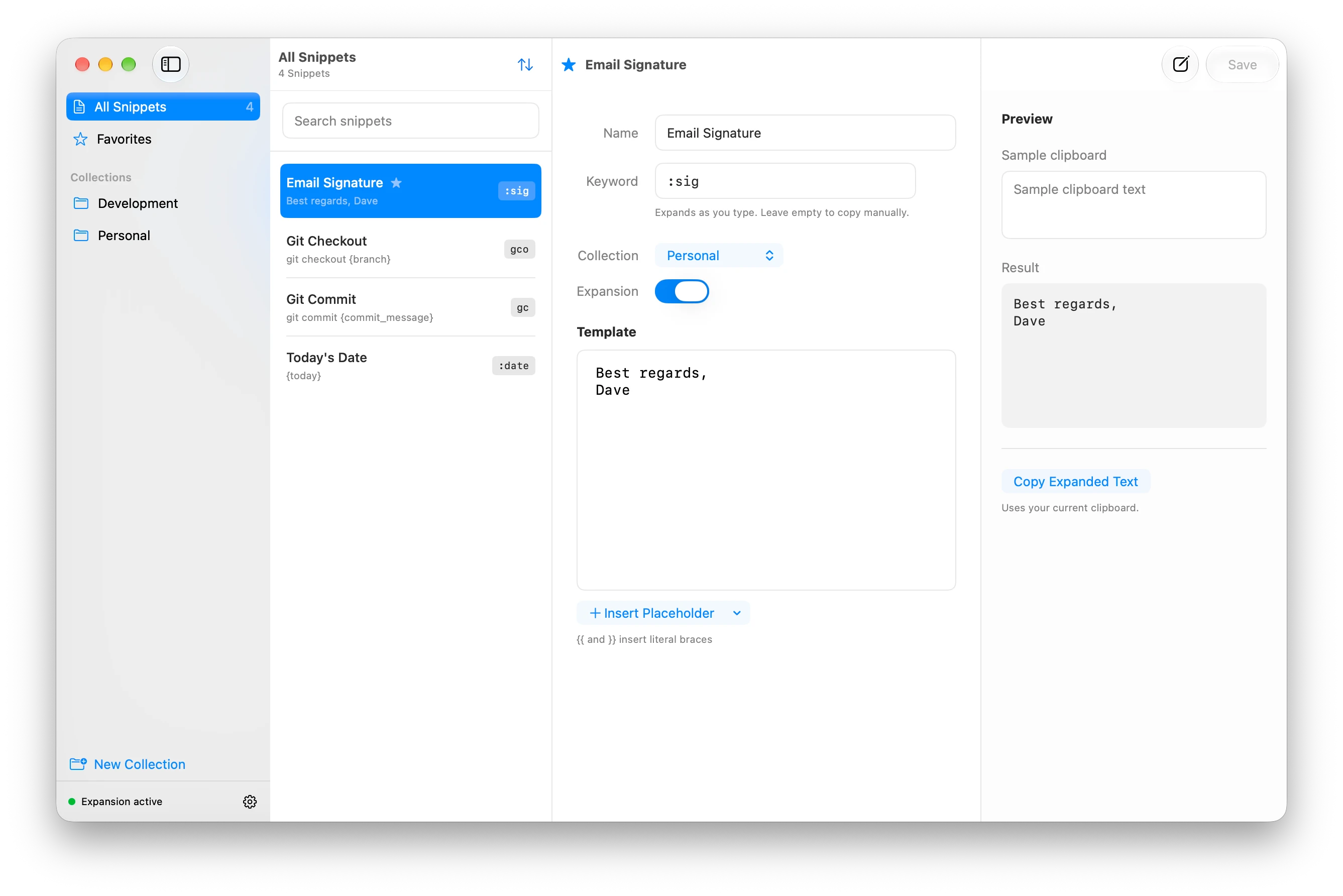 Textend’s library with Personal and Development collections, an Email Signature snippet, and its expanded text in the Preview panel.